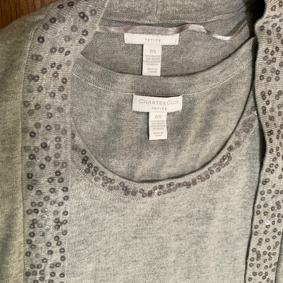 Charter club light gray open cardigan and sweater tank sweater set with sequins - Picture 3 of 13